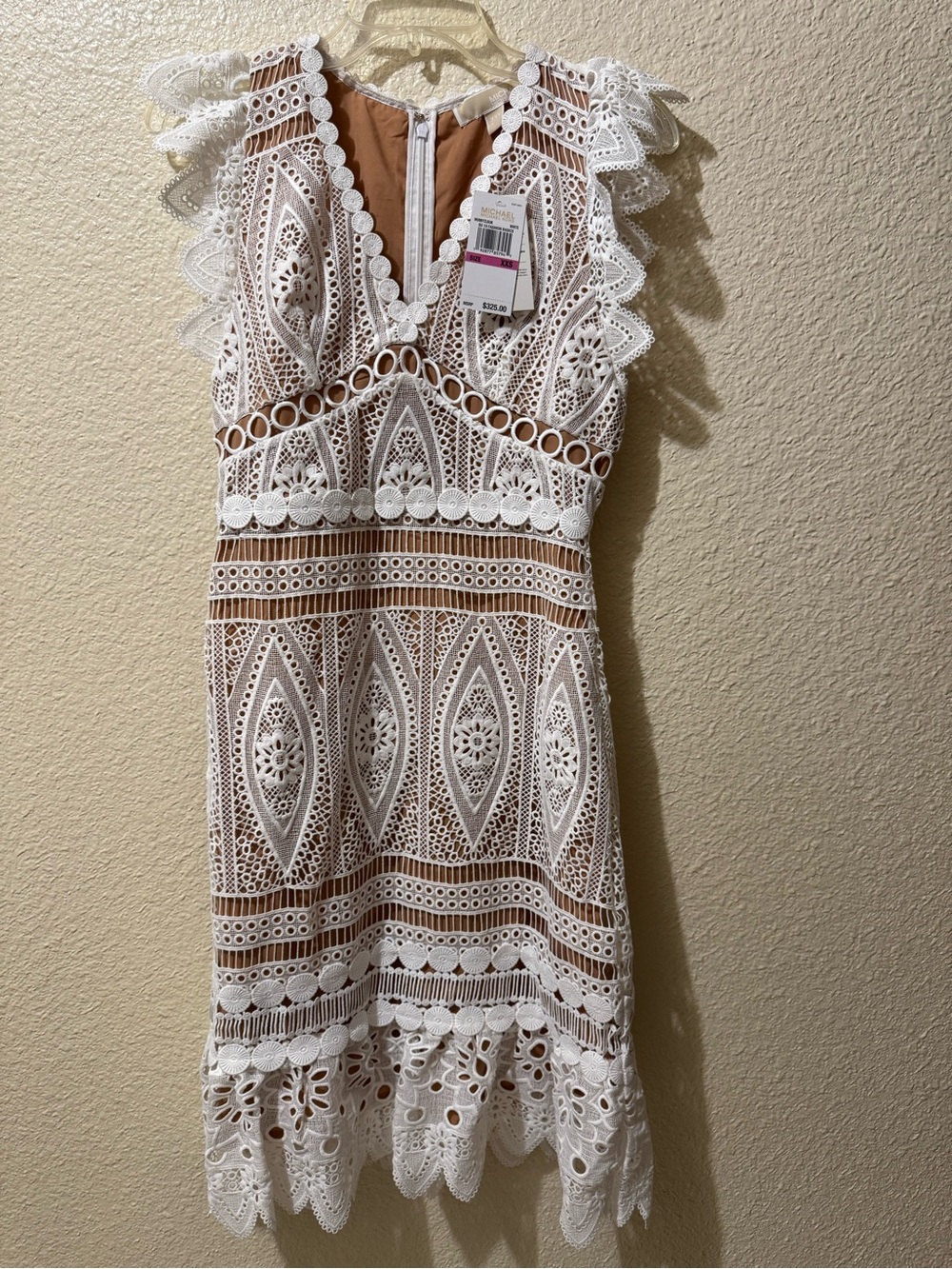 MICHAEL Michael Kors White Crochet Lace Dress with Tan Lining XXS